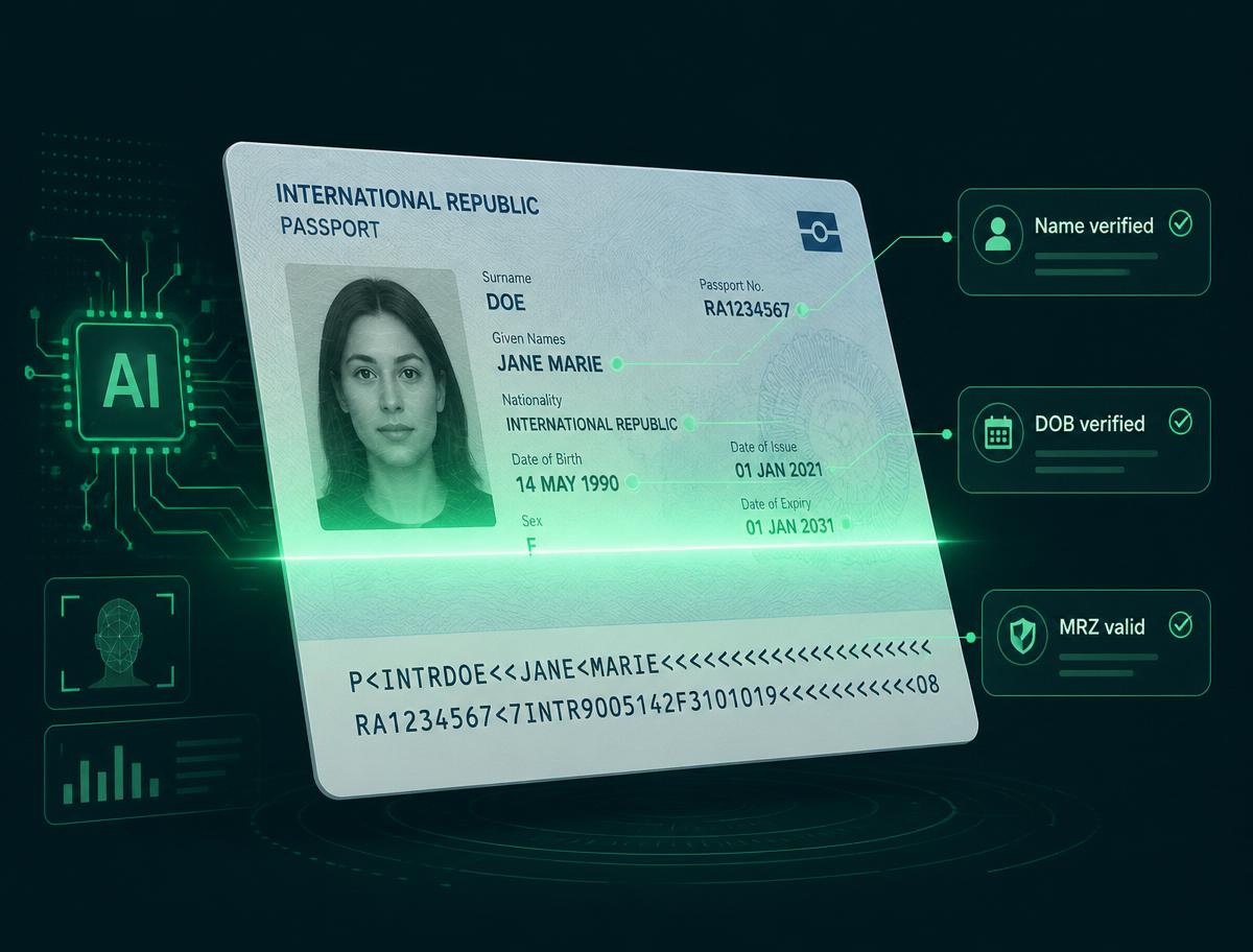 Passport being scanned by AI with data extraction points